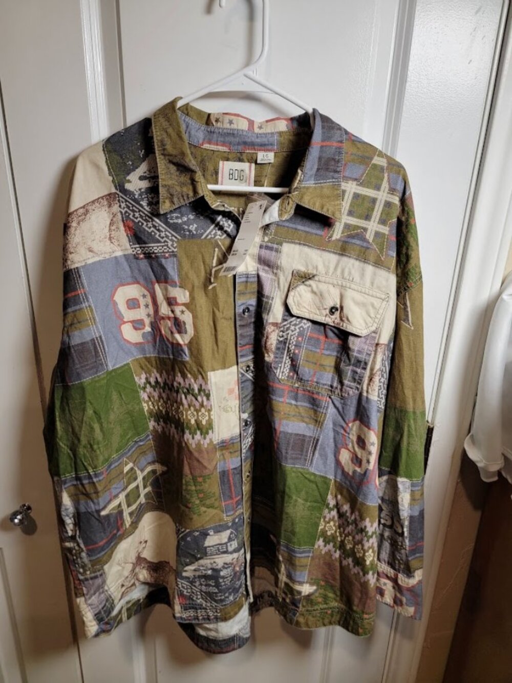 NWT BDG Urban Outfitters Patchwork Button Down Shirt Large Y2K Grunge